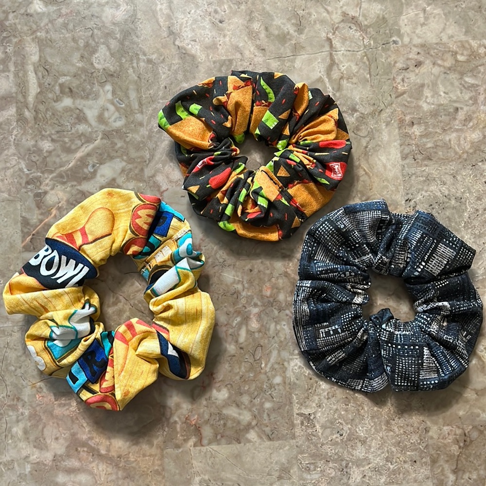 Three Handmade Fun Hair Scrunchies! Bowling, tacos, and cityscape.